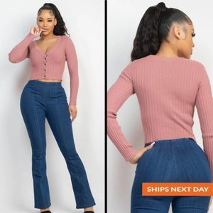 Cotton Long Sleeve Button Top - Rib-Knit Crop Top -Soft Stretch Long-Sleeve Crop